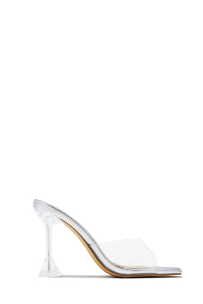 Demie Clear Strap Mule Heels - Silver
