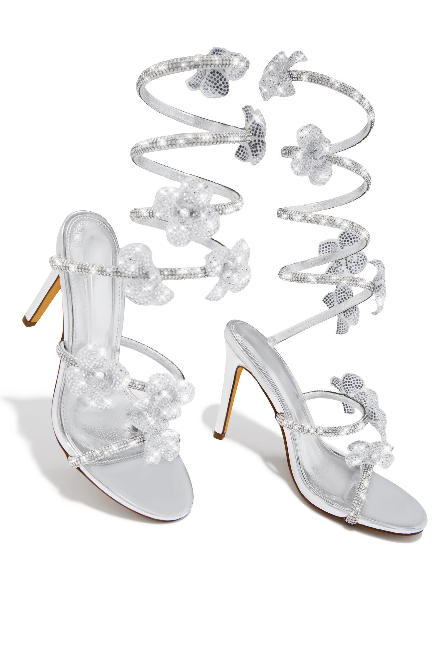 Flora Embellished Around The Ankle Coil Heels - Silver