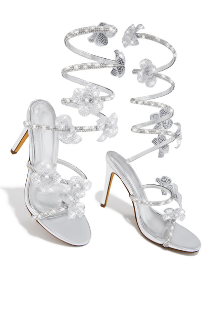 Flora Embellished Around The Ankle Coil Heels - Silver