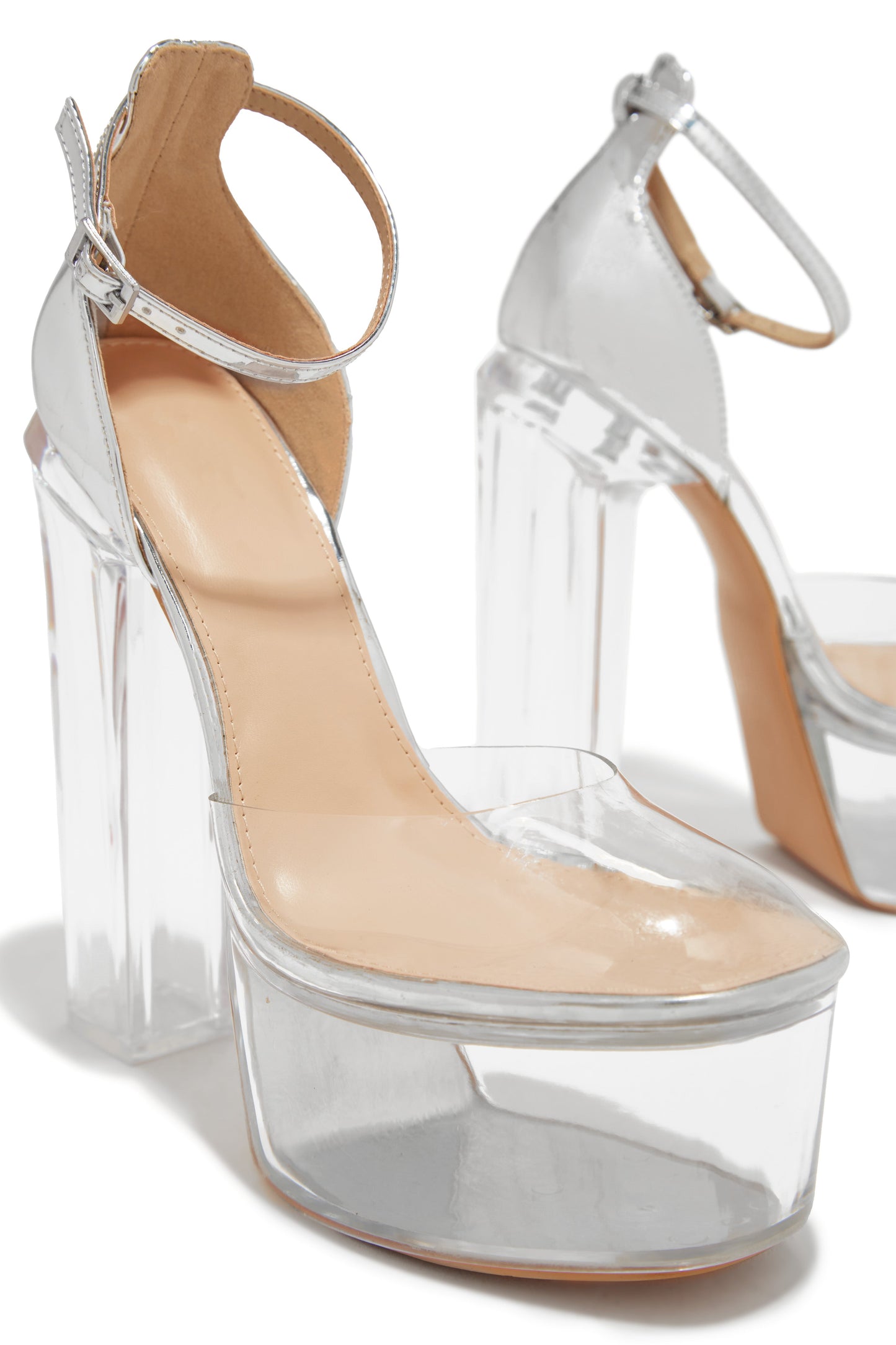 Adore Me Ankle Strap Platform Block High Heels - Silver