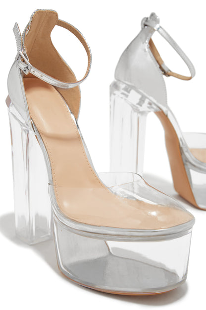 Adore Me Ankle Strap Platform Block High Heels - Silver