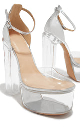 Adore Me Ankle Strap Platform Block High Heels - Silver