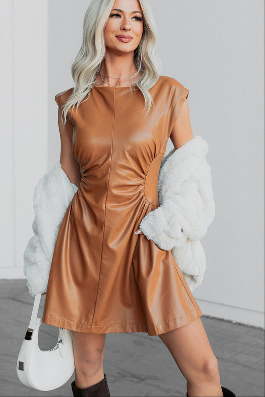 Quietly Confident Faux Leather Mini Dress (Mocha)