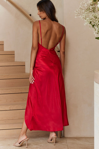 Hey Girl Long Satin Cowl Neck Dress Red