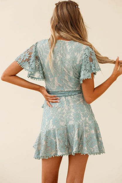 Cami Angel Sleeve Faux Wrap Dress Sage With Beige Lining