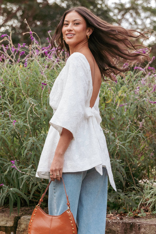 Camila Open Back Top - White Embroidery