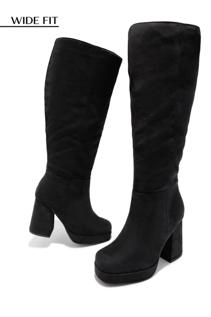 Hudson Wide Fit Platform Block Heel Boots - Black Suede