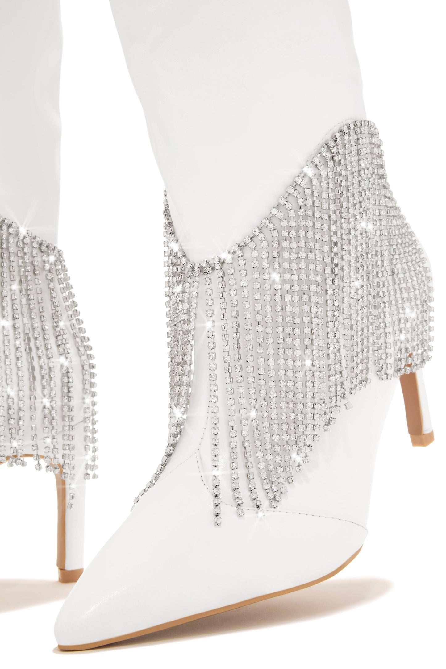 Faye Embellished Fringe Knee High Boots - White