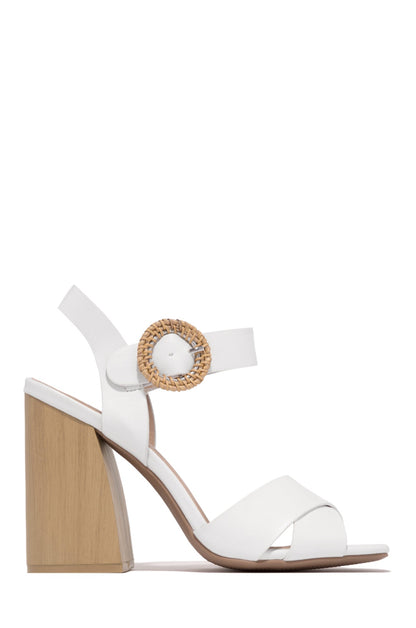 Leilani Raffia Buckle Block Heels - White