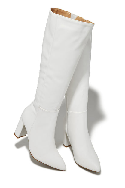 Fine Time Block Heel Knee High Boots - White