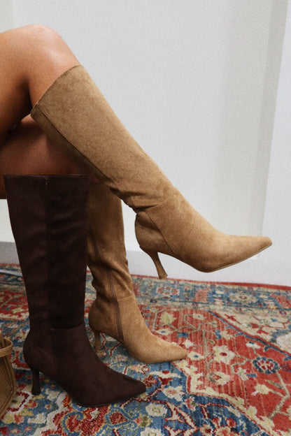 Zama Knee High Heel Boots - Camel Suede
